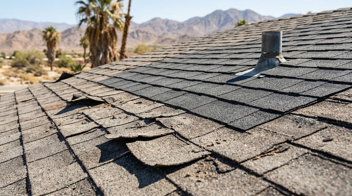Asphalt shingle roof repair on a Palm Desert, CA home with desert mountains in the background Asphalt shingle roof repair on a Palm Desert, CA home with desert mountains in the background